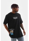 Unisex Bisiklet Yaka Baskılı Oversize T-Shirt - Siyah