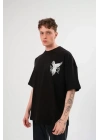 Unisex Bisiklet Yaka Baskılı Oversize T-Shirt - Siyah
