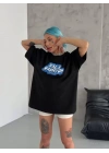 Unisex Bisiklet Yaka Baskılı Oversize T-Shirt - Siyah
