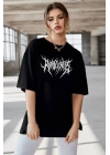 Unisex Bisiklet Yaka Baskılı Oversize T-Shirt - Siyah