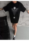 Unisex Bisiklet Yaka Baskılı Oversize T-Shirt - Siyah
