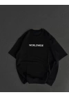 Unisex Bisiklet Yaka Baskılı Oversize T-Shirt - Siyah
