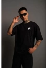 Unisex Bisiklet Yaka Baskılı Oversize T-Shirt - Siyah