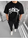 Unisex Bisiklet Yaka Baskılı Oversize T-Shirt - Siyah