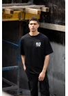 Unisex Bisiklet Yaka Baskılı Oversize T-Shirt - Siyah