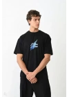 Unisex Bisiklet Yaka Baskılı Oversize T-Shirt - Siyah