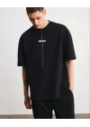 Unisex Bisiklet Yaka Baskılı Oversize T-Shirt - Siyah