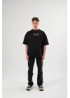 Unisex Bisiklet Yaka Baskılı Oversize T-Shirt - Siyah
