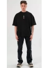 Unisex Bisiklet Yaka Baskılı Oversize T-Shirt - Siyah