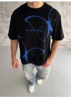 Unisex Bisiklet Yaka Baskılı Oversize T-Shirt - Siyah