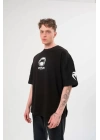 Unisex Bisiklet Yaka Baskılı Oversize T-Shirt - Siyah