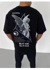 Unisex Bisiklet Yaka Baskılı Oversize T-Shirt - Siyah