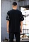 Unisex Bisiklet Yaka Baskılı Oversize T-Shirt - Siyah