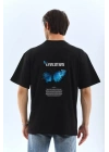 Unisex Bisiklet Yaka Baskılı Oversize T-Shirt - Siyah