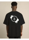 Unisex Bisiklet Yaka Baskılı Oversize T-Shirt - Siyah