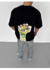 Unisex Bisiklet Yaka Baskılı Oversize T-Shirt - Siyah