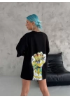 Unisex Bisiklet Yaka Baskılı Oversize T-Shirt - Siyah