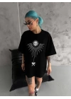 Unisex Bisiklet Yaka Baskılı Oversize T-Shirt - Siyah