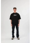 Unisex Bisiklet Yaka Baskılı Oversize T-Shirt - Siyah