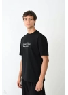 Unisex Bisiklet Yaka Baskılı Oversize T-Shirt - Siyah
