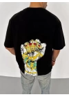 Unisex Bisiklet Yaka Baskılı Oversize T-Shirt - Siyah