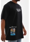 Unisex Bisiklet Yaka Baskılı Oversize T-Shirt - Siyah