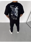Unisex Bisiklet Yaka Baskılı Oversize T-Shirt - Siyah