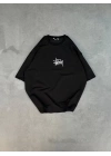 Unisex Bisiklet Yaka Baskılı Oversize T-Shirt - Siyah