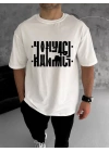 Unisex Bisiklet Yaka Katlanan Baskılı T-Shirt - Beyaz