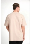 Unisex Düz Biskilet Yaka Oversize T-shirt - Bej