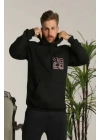 Unisex Kapşonlu Baskılı Sweetshirt - Siyah