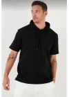 Unisex Kapşonlu Kısa Kol Düz Oversize T-shirt - Siyah