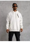 Unisex Kapşonlu Uzun Kol Baskılı Sweetshirt - Beyaz