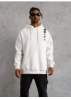 Unisex Kapşonlu Uzun Kol Baskılı Sweetshirt - Beyaz
