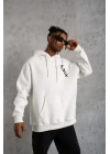 Unisex Kapşonlu Uzun Kol Baskılı Sweetshirt - Beyaz