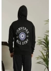 Unisex Kapüşonlu Üç İplik Oversize  Baskılı Sweatshirt - Siyah