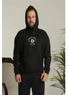 Unisex Kapüşonlu Üç İplik Oversize  Baskılı Sweatshirt - Siyah