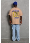 Unisex Oversize Baskılı Bisiklet Yaka T-Shirt - Bej