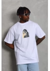 Unisex Oversize Baskılı Bisiklet Yaka T-Shirt - Beyaz