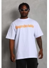 Unisex Oversize Baskılı Bisiklet Yaka T-Shirt - Beyaz