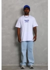 Unisex Oversize Baskılı Bisiklet Yaka T-Shirt - Beyaz