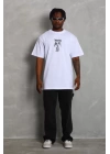 Unisex Oversize Baskılı Bisiklet Yaka T-Shirt - Beyaz