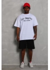 Unisex Oversize Baskılı Bisiklet Yaka T-Shirt - Beyaz