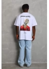 Unisex Oversize Baskılı Bisiklet Yaka T-Shirt - Beyaz