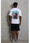 Unisex Oversize Baskılı Bisiklet Yaka T-Shirt - Beyaz