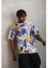 Unisex Oversize Baskılı Bisiklet Yaka T-Shirt - Beyaz
