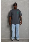 Unisex Oversize Baskılı Bisiklet Yaka T-Shirt - Füme
