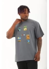 Unisex Oversize Baskılı Bisiklet Yaka T-Shirt - Füme