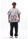 Unisex Oversize Baskılı Bisiklet Yaka T-Shirt - Gri