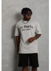 Unisex Oversize Baskılı Bisiklet Yaka T-Shirt - Gri